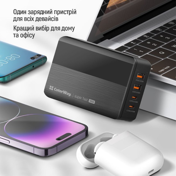 Фото - Сетевое зарядное устройство Colorway Power Delivery GaN (2USB-A + 2USB TYPE-C) (100W) Black (CW-CHS041PD-BK)