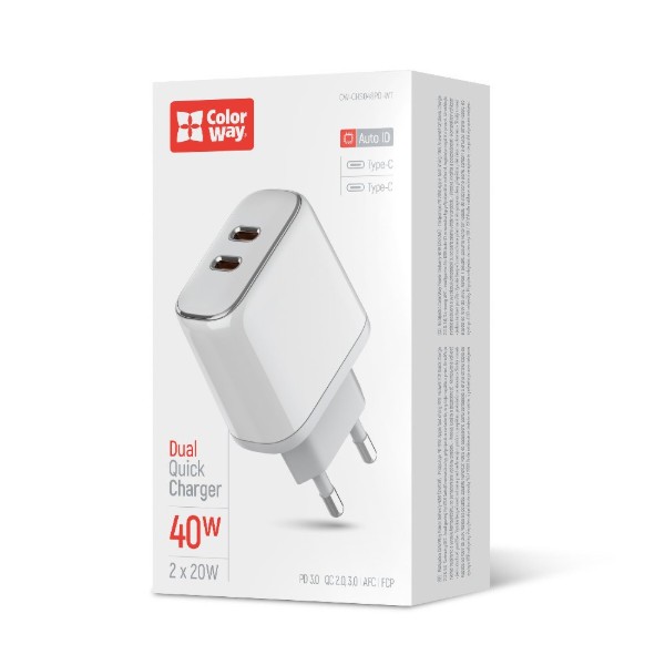 Фото - Автомобільний зарядний пристрій Colorway Power Delivery Port PPS USB (Type-C PD + Type-C PD) 40W White (CW-CHS048PD-WT)