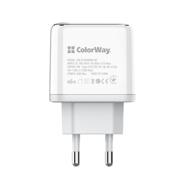 Фото - Автомобільний зарядний пристрій Colorway Power Delivery Port PPS USB (Type-C PD + Type-C PD) 40W White (CW-CHS048PD-WT)