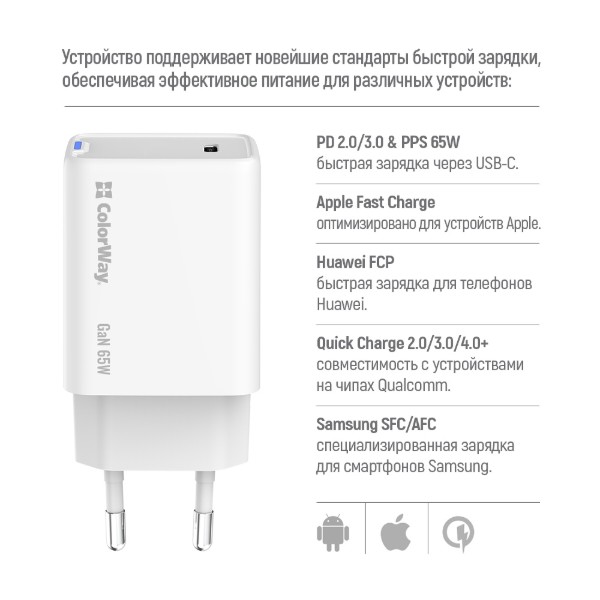 Фото - Сетевое зарядное устройство Colorway GaN Mini 65W PD Port PPS USB-C White (CW-CHS049PD-WT)