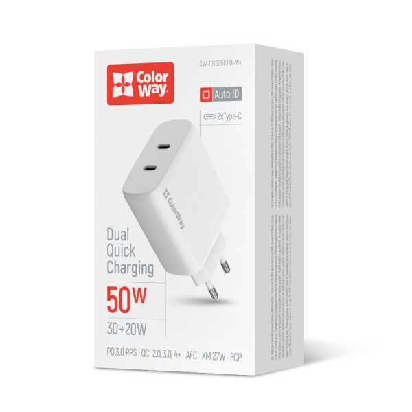 Фото - Уцінка - Мережевий зарядний пристрій Colorway GaN Mini 50W PD Port PPS USB (Type-C PD 30W + Type-C PD 20W) White (CW-CHS050PD-WT)