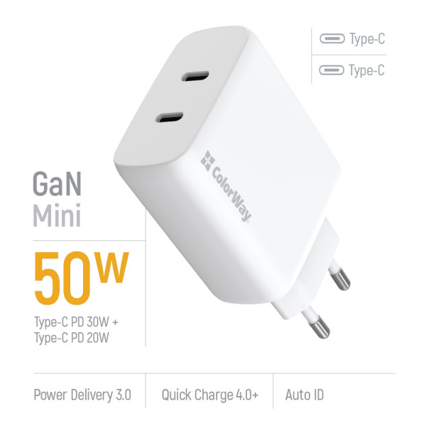 Фото - Уцінка - Мережевий зарядний пристрій Colorway GaN Mini 50W PD Port PPS USB (Type-C PD 30W + Type-C PD 20W) White (CW-CHS050PD-WT)