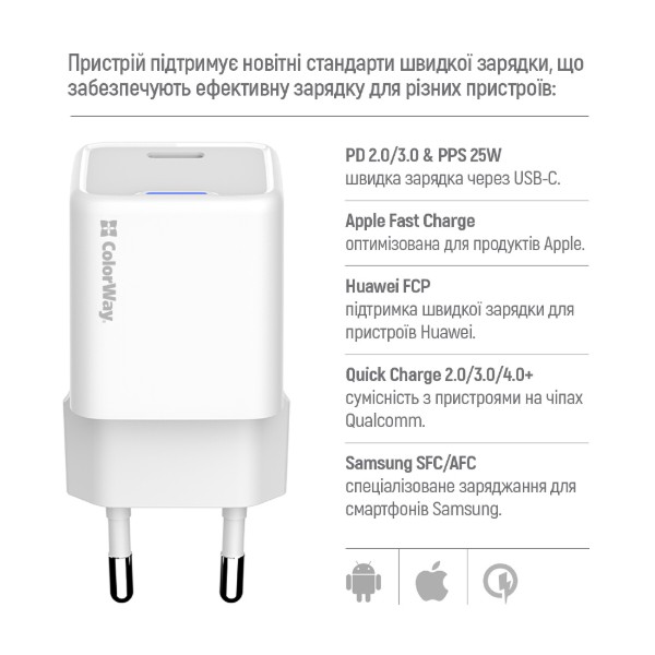 Фото - Сетевое зарядное устройство Colorway GaN Mini 25W PD Port PPS USB-C White (CW-CHS052PD-WT)