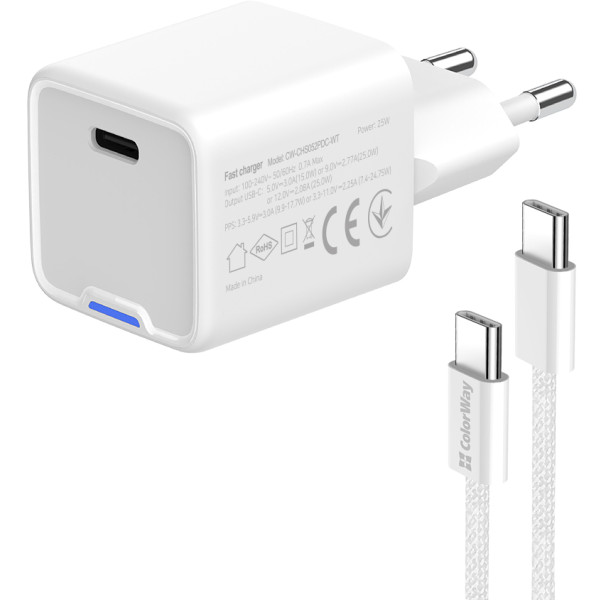 Фото - Мережевий зарядний пристрій Colorway GaN Mini 25W PD Port PPS USB-C White cable Type-C (CW-CHS052PDC-WT)
