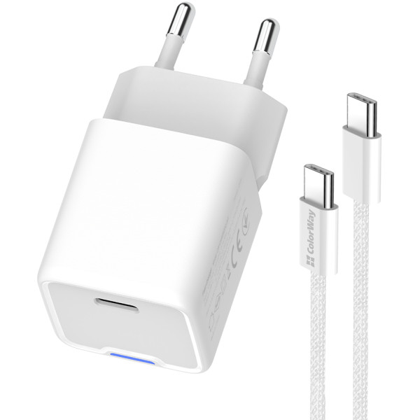Фото - Мережевий зарядний пристрій Colorway GaN Mini 25W PD Port PPS USB-C White cable Type-C (CW-CHS052PDC-WT)