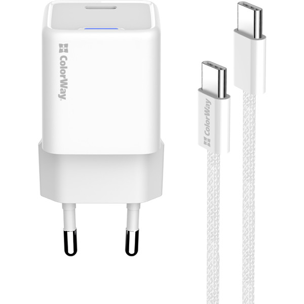 Фото - Мережевий зарядний пристрій Colorway GaN Mini 25W PD Port PPS USB-C White cable Type-C (CW-CHS052PDC-WT)