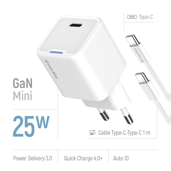 Фото - Мережевий зарядний пристрій Colorway GaN Mini 25W PD Port PPS USB-C White cable Type-C (CW-CHS052PDC-WT)