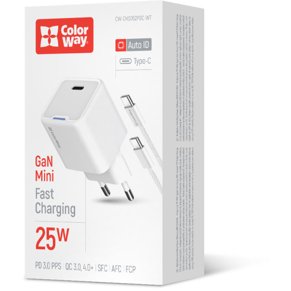 Фото - Мережевий зарядний пристрій Colorway GaN Mini 25W PD Port PPS USB-C White cable Type-C (CW-CHS052PDC-WT)