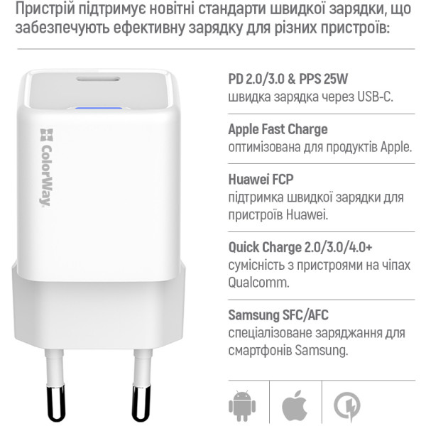 Фото - Мережевий зарядний пристрій Colorway GaN Mini 25W PD Port PPS USB-C White cable Type-C (CW-CHS052PDC-WT)