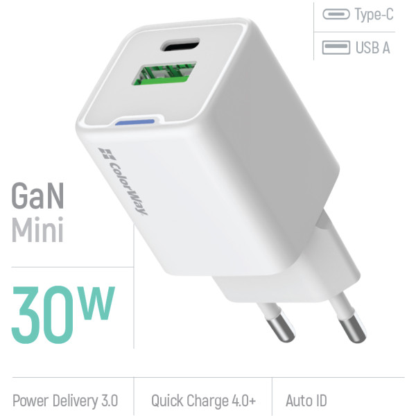 Фото - Мережевий зарядний пристрій Colorway GaN Mini 30W PD Port PPS USB White (CW-CHS053PD-WT)