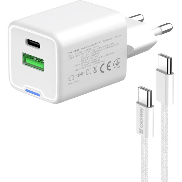 Фото - Мережевий зарядний пристрій Colorway GaN Mini 30W PD Port PPS USB cable Type-C (CW-CHS053PDC-WT)
