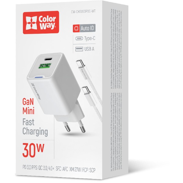Фото - Мережевий зарядний пристрій Colorway GaN Mini 30W PD Port PPS USB cable Type-C (CW-CHS053PDC-WT)