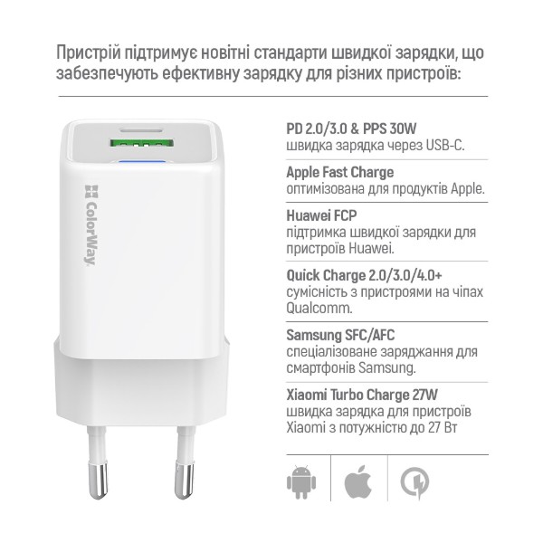 Фото - Мережевий зарядний пристрій Colorway GaN Mini 30W PD Port PPS USB cable Type-C (CW-CHS053PDC-WT)