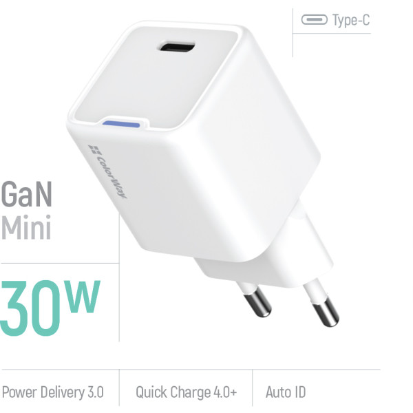 Фото - Мережевий зарядний пристрій Colorway GaN Mini 30W PD Port PPS USB-C White (CW-CHS054PD-WT)