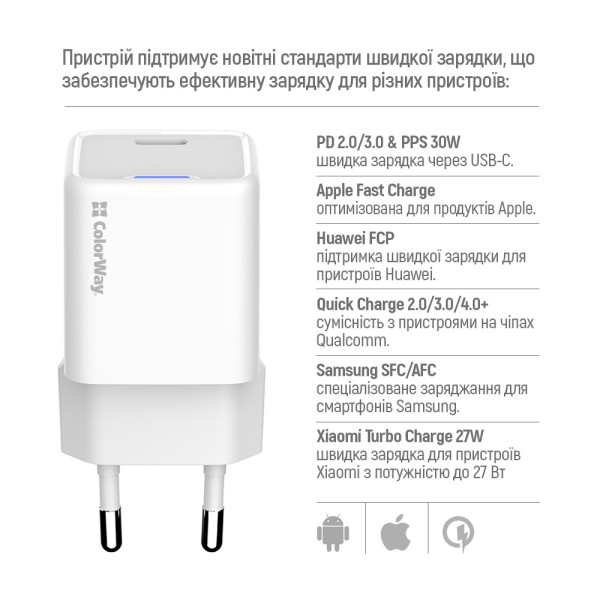 Фото - Мережевий зарядний пристрій Colorway GaN Mini 30W PD Port PPS USB-C White (CW-CHS054PD-WT)