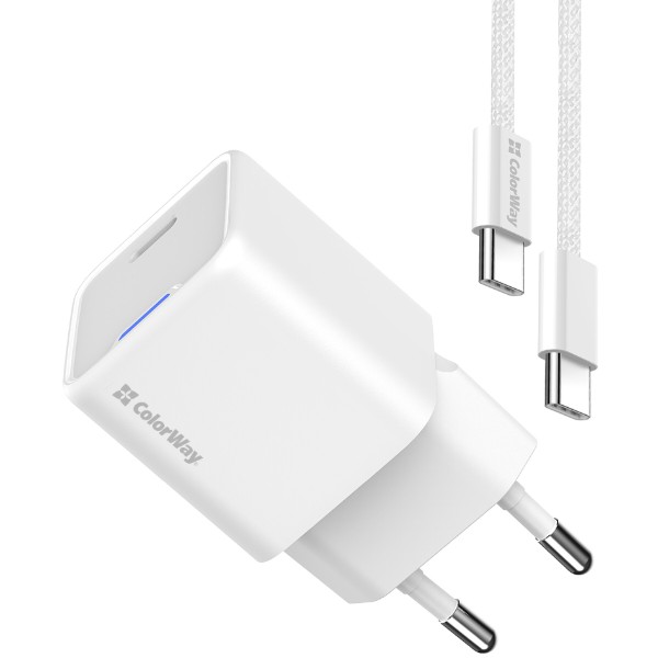 Фото - Сетевое зарядное устройство Colorway GaN Mini 30W PD Port PPS USB-C White + cable Type-C (CW-CHS054PDC-WT)