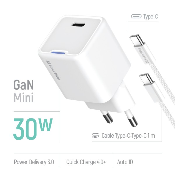 Фото - Сетевое зарядное устройство Colorway GaN Mini 30W PD Port PPS USB-C White + cable Type-C (CW-CHS054PDC-WT)