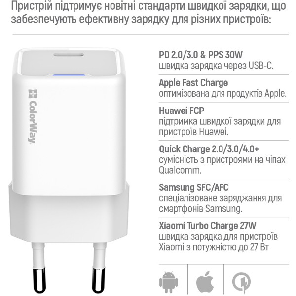 Фото - Сетевое зарядное устройство Colorway GaN Mini 30W PD Port PPS USB-C White + cable Type-C (CW-CHS054PDC-WT)