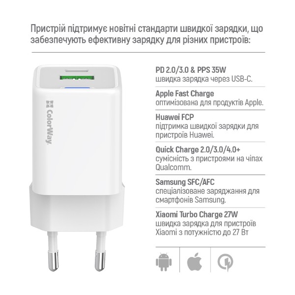 Фото - Мережевий зарядний пристрій Colorway GaN Mini 35W PD Port PPS USB White (CW-CHS055PD-WT)