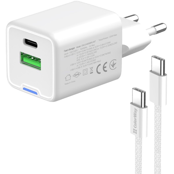 Фото - Мережевий зарядний пристрій Colorway GaN Mini 35W PD Port PPS USB cable Type-C (CW-CHS055PDC-WT)