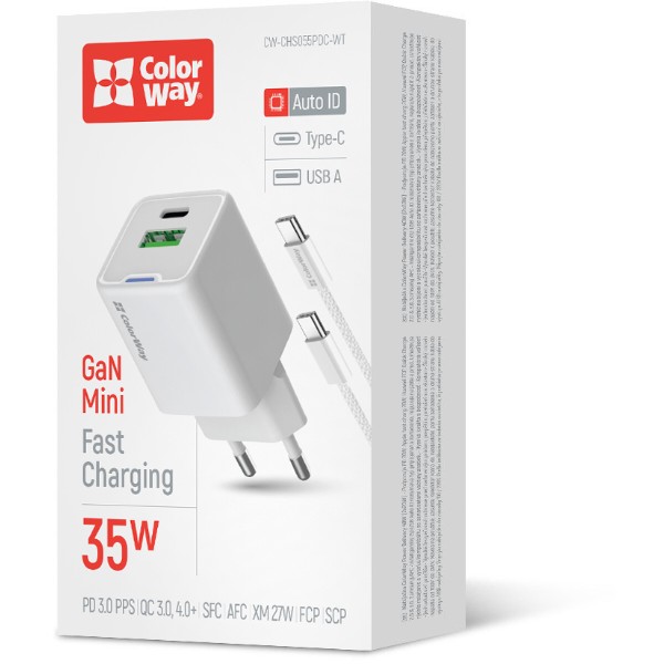 Фото - Мережевий зарядний пристрій Colorway GaN Mini 35W PD Port PPS USB cable Type-C (CW-CHS055PDC-WT)