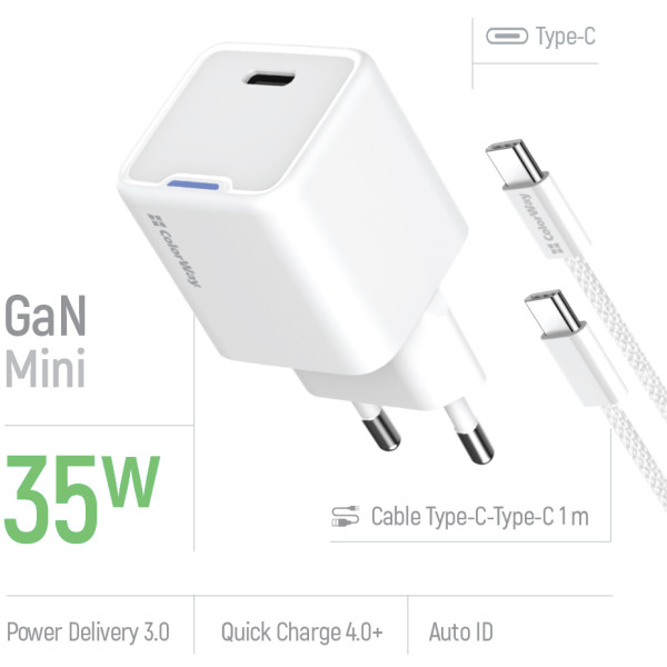 Фото - Мережевий зарядний пристрій Colorway GaN Mini 35W PD Port PPS USB-C White cable Type-C (CW-CHS056PDC-WT)