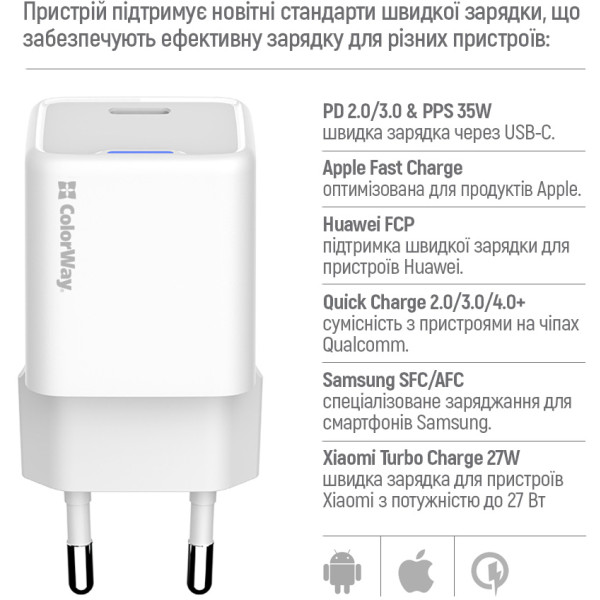 Фото - Мережевий зарядний пристрій Colorway GaN Mini 35W PD Port PPS USB-C White cable Type-C (CW-CHS056PDC-WT)