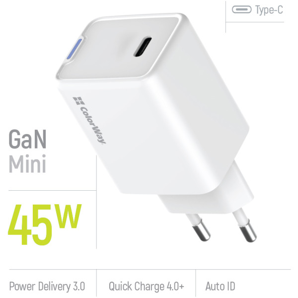 Фото - Мережевий зарядний пристрій Colorway GaN Mini 45W PD Port PPS USB-C White (CW-CHS057PD-WT)