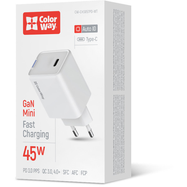 Фото - Мережевий зарядний пристрій Colorway GaN Mini 45W PD Port PPS USB-C White (CW-CHS057PD-WT)