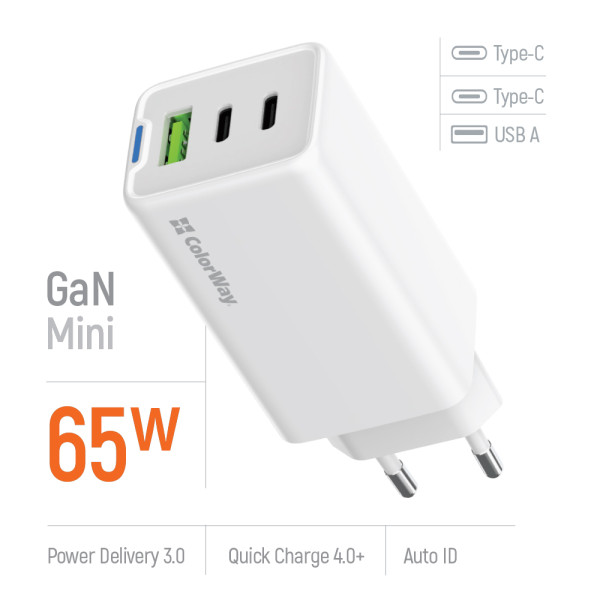 Фото - Мережевий зарядний пристрій Colorway GaN Mini 65W PD Port PPS USB White (CW-CHS058PD-WT)