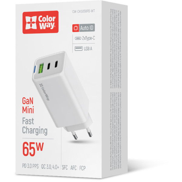 Фото - Мережевий зарядний пристрій Colorway GaN Mini 65W PD Port PPS USB White (CW-CHS058PD-WT)