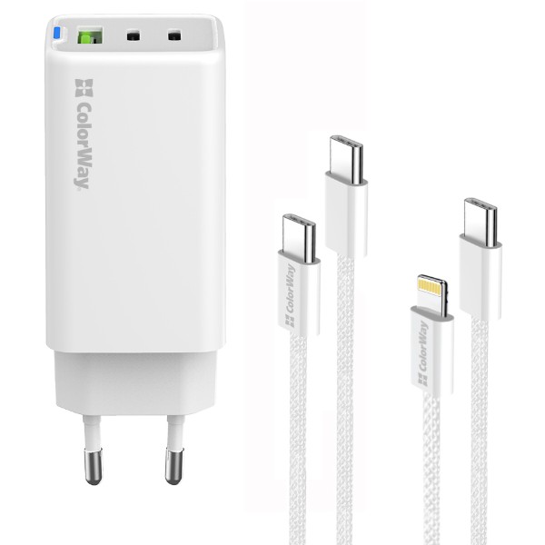 Фото - Сетевое зарядное устройство Colorway GaN Mini 65W PD Port PPS USB cable Type-C&Lightning (CW-CHS058PDCL-WT)