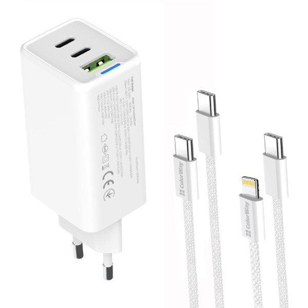 Фото - Сетевое зарядное устройство Colorway GaN Mini 65W PD Port PPS USB cable Type-C&Lightning (CW-CHS058PDCL-WT)