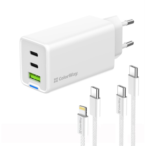 Фото - Сетевое зарядное устройство Colorway GaN Mini 65W PD Port PPS USB cable Type-C&Lightning (CW-CHS058PDCL-WT)