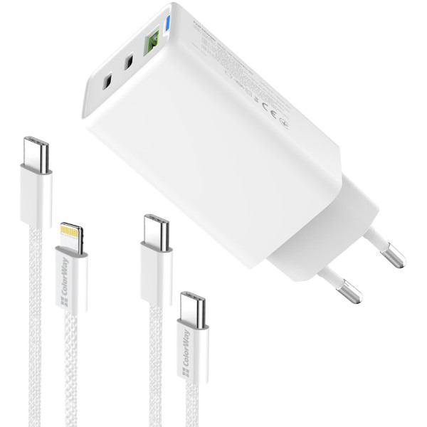 Фото - Сетевое зарядное устройство Colorway GaN Mini 65W PD Port PPS USB cable Type-C&Lightning (CW-CHS058PDCL-WT)
