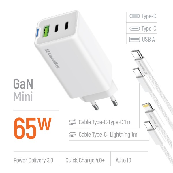 Фото - Сетевое зарядное устройство Colorway GaN Mini 65W PD Port PPS USB cable Type-C&Lightning (CW-CHS058PDCL-WT)