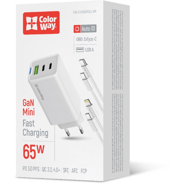 Фото - Сетевое зарядное устройство Colorway GaN Mini 65W PD Port PPS USB cable Type-C&Lightning (CW-CHS058PDCL-WT)