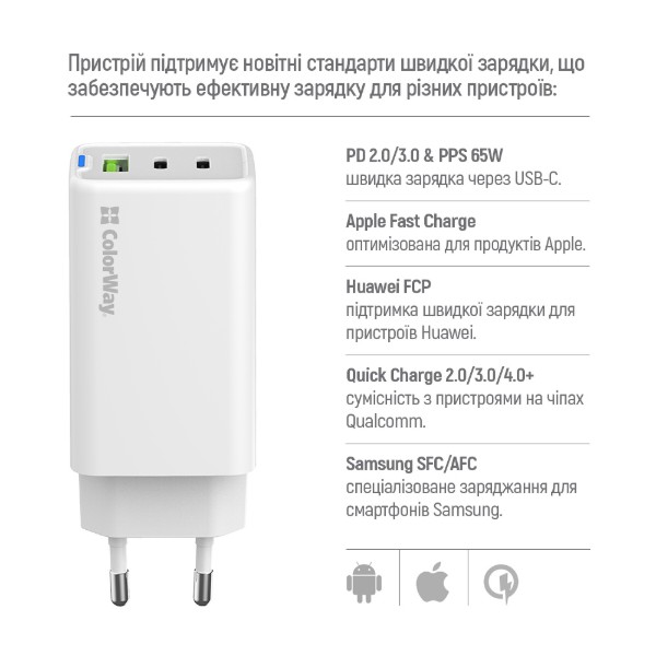 Фото - Сетевое зарядное устройство Colorway GaN Mini 65W PD Port PPS USB cable Type-C&Lightning (CW-CHS058PDCL-WT)
