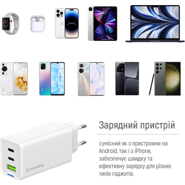 Фото - Сетевое зарядное устройство Colorway GaN Mini 65W PD Port PPS USB cable Type-C&Lightning (CW-CHS058PDCL-WT)