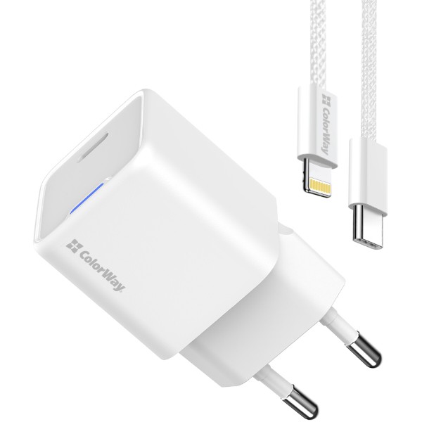 Фото - Сетевое зарядное устройство Colorway GaN Mini 20W PD Port PPS USB-C White cable Lightning (CW-CHS059PDL-WT)
