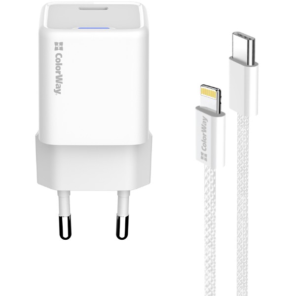 Фото - Сетевое зарядное устройство Colorway GaN Mini 20W PD Port PPS USB-C White cable Lightning (CW-CHS059PDL-WT)