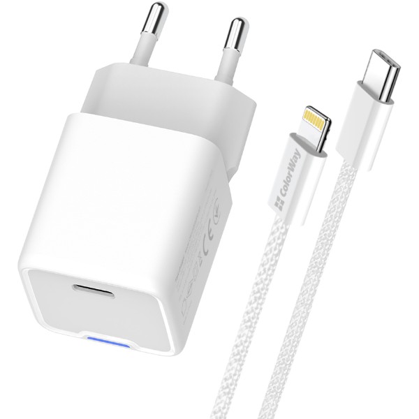 Фото - Сетевое зарядное устройство Colorway GaN Mini 20W PD Port PPS USB-C White cable Lightning (CW-CHS059PDL-WT)