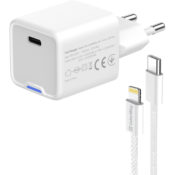 Фото - Сетевое зарядное устройство Colorway GaN Mini 20W PD Port PPS USB-C White cable Lightning (CW-CHS059PDL-WT)