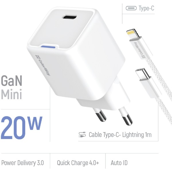 Фото - Сетевое зарядное устройство Colorway GaN Mini 20W PD Port PPS USB-C White cable Lightning (CW-CHS059PDL-WT)