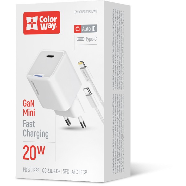 Фото - Сетевое зарядное устройство Colorway GaN Mini 20W PD Port PPS USB-C White cable Lightning (CW-CHS059PDL-WT)