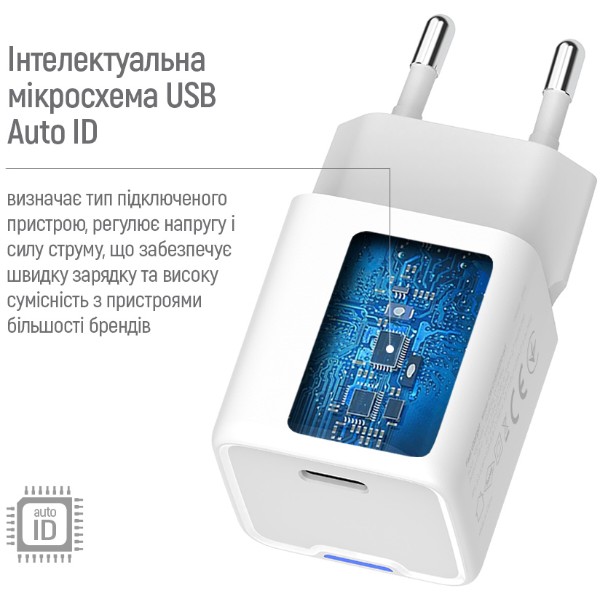 Фото - Сетевое зарядное устройство Colorway GaN Mini 20W PD Port PPS USB-C White cable Lightning (CW-CHS059PDL-WT)