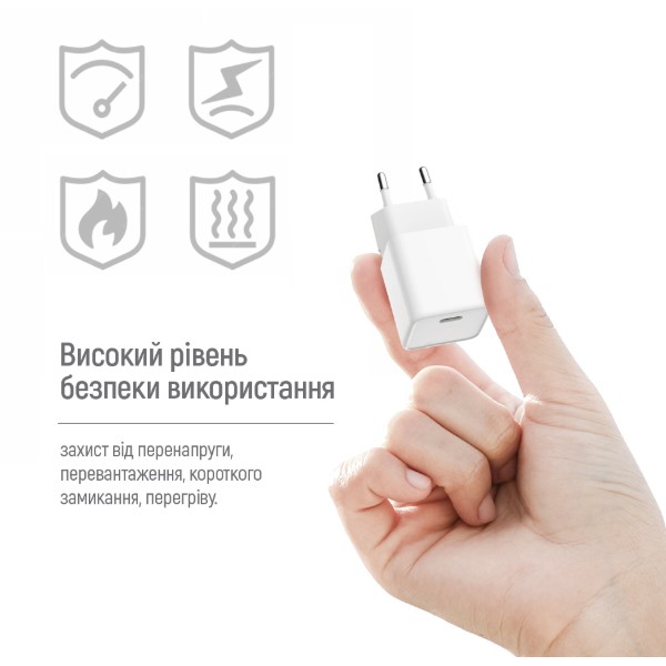 Фото - Сетевое зарядное устройство Colorway GaN Mini 20W PD Port PPS USB-C White cable Lightning (CW-CHS059PDL-WT)