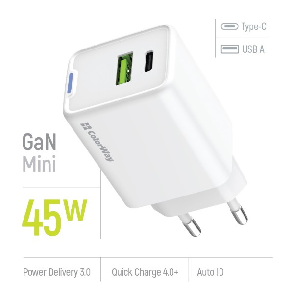Фото - Мережевий зарядний пристрій Colorway GaN Mini 45W PD Port PPS USB (Type-C PD + USB QC4.0) White (CW-CHS060PD-WT)