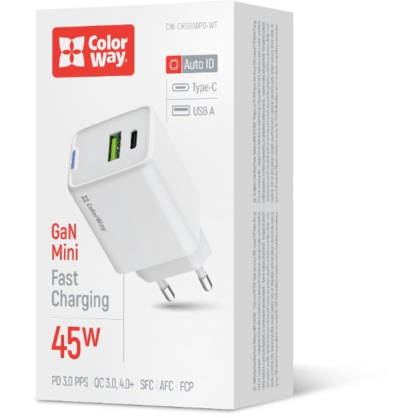 Фото - Мережевий зарядний пристрій Colorway GaN Mini 45W PD Port PPS USB (Type-C PD + USB QC4.0) White (CW-CHS060PD-WT)