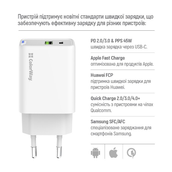 Фото - Мережевий зарядний пристрій Colorway GaN Mini 45W PD Port PPS USB (Type-C PD + USB QC4.0) White (CW-CHS060PD-WT)